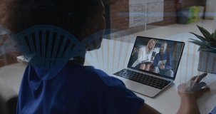 DNA strand and binary coding animation over person video calling on laptop. Technology, genetics, digital, communication, biotechnology, virtual meeting - Powered by Shutterstock - Get 15% off with code: PIKWIZARD15