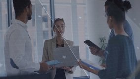 Collaborating in office, business team with digital data processing animation overlay. Teamwork, collaboration, technology, innovation, corporate, networking - Powered by Shutterstock - Get 15% off with code: PIKWIZARD15