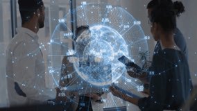 Digital globe and data animation over people collaborating in modern office. Technology, collaboration, teamwork, innovation, data analysis, digital transformation - Powered by Shutterstock - Get 15% off with code: PIKWIZARD15