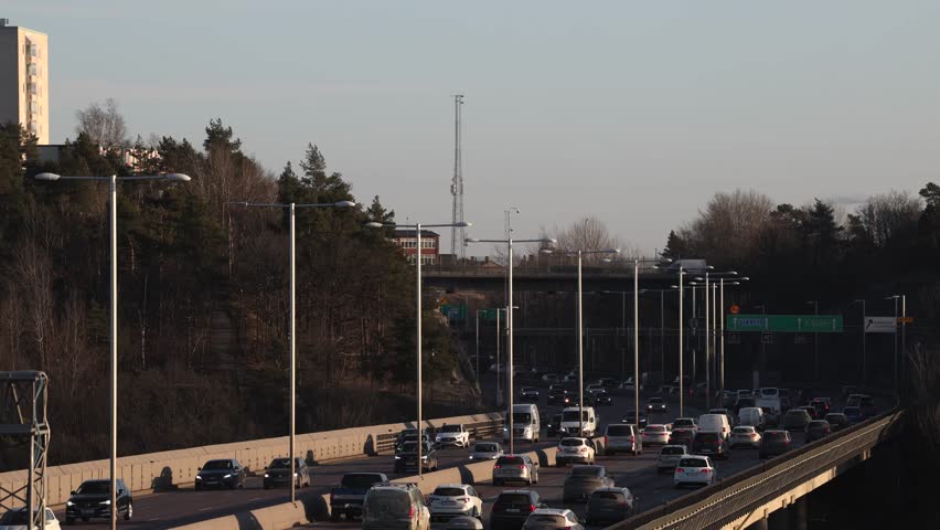 Stockholm, Sweden Traffic at sunset on the E4 highway
