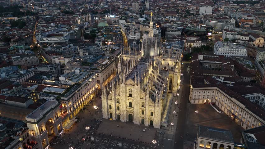 Aerial view of Milan Cathedral (Duomo di Milano) at night, Italy