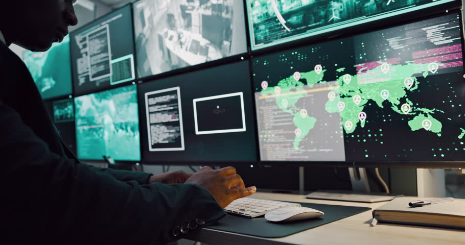 Computer screen, keyboard and surveillance with person in CCTV control room for satellite monitoring, Hands, live feed and search with soldier at headquarters for military support or mission update