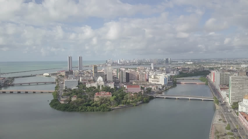 Aerial View of Recife Bridges, Capibaribe River, Palácio Campo das Princesas, Santa Isabel Theatre, Boats, City Hall, Water, Historic Houses LOG FILE