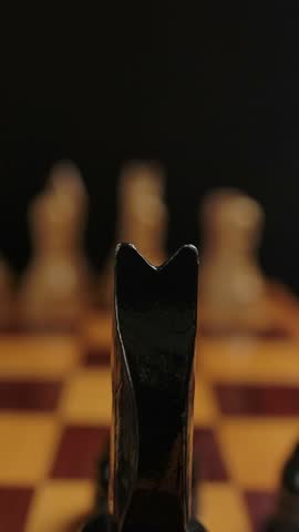 Side dolly camera movement throw the black chess pieces. White chess figures blurred at the background. Vertical shot.