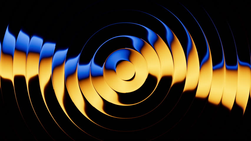 Looping 3D animation. Abstract minimalist background of flat discs with reflection. Blue and yellow gradient transforms and changes colors inside the round geometric shapes