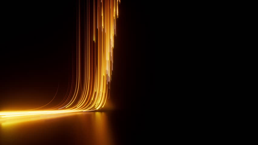 3d animation, abstract black background with golden yellow neon lines and glowing trails, flow down, move from left to right and disappear
