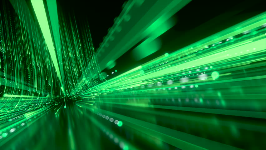 3d animation of a bright green lights and particles leaving visible trails. Glowing neon lines. Information transition, big data streaming and flowing inside of optical fiber