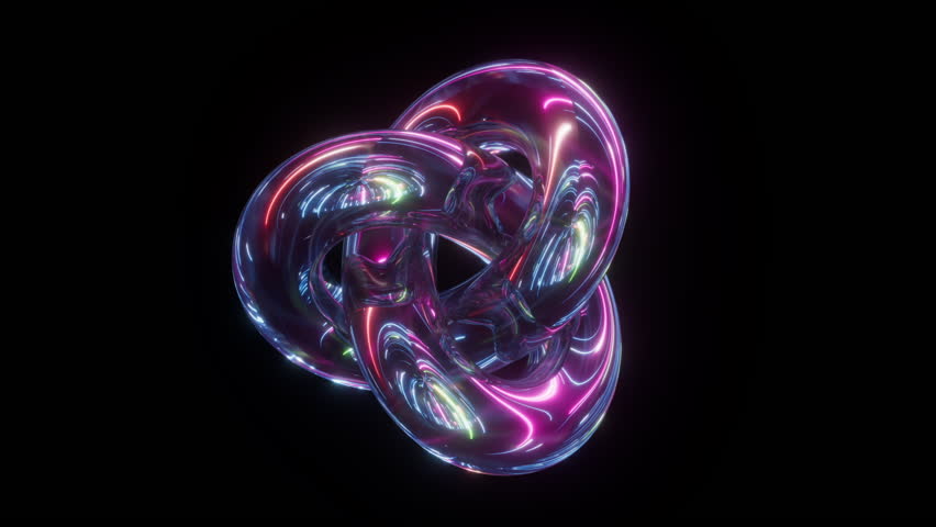 seamless 3d animation. Iridescent glass tangled torus, reflecting neon light, continuously spinning in dark space. Minimalist geometric rotating object isolated on black background