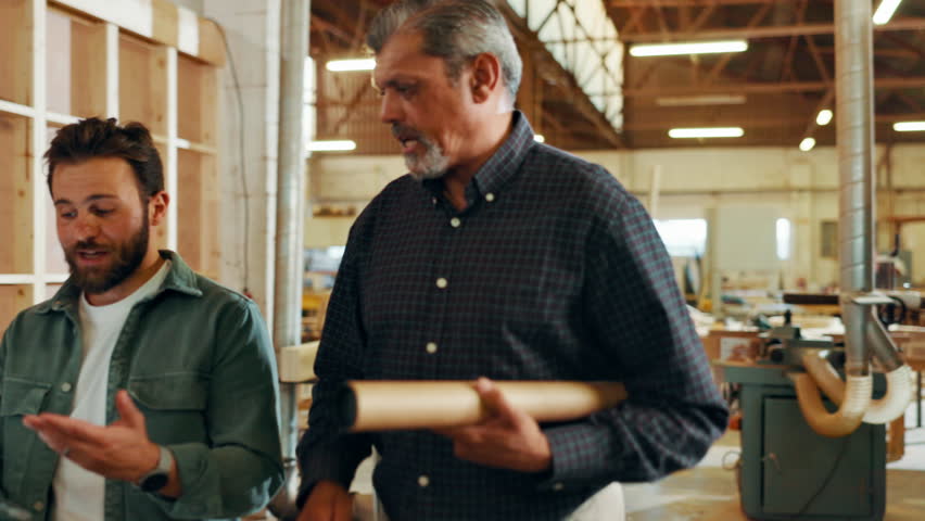 Carpentry, tablet and men for woodwork in factory for furniture production, website and online inventory. Construction team, workshop and people on digital tech for timber, lumber and manufacturing - Powered by Shutterstock - Get 15% off with code: PIKWIZARD15