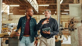 Carpentry, tablet and men for woodwork in workshop for furniture production, website and online inventory. Construction team, factory and people on digital tech for timber, lumber and manufacturing - Powered by Shutterstock - Get 15% off with code: PIKWIZARD15