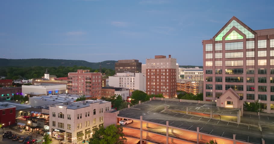 Aerial view of Huntsville, Alabama. American city old historical architecture. USA panoramic cityscape at night.