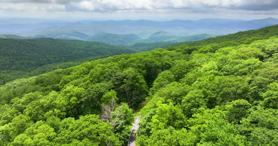 Blue Ridge Parkway in summer rainy season. Mountain pass road in North Carolina Appalachian mountains, USA