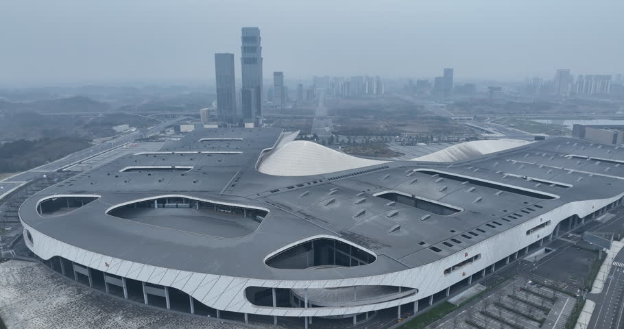 Aerial footage of Western China International Expo City in Chengdu city, China