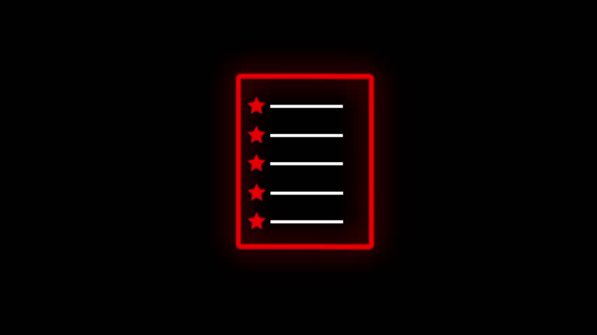 Red neon checklist or document animates on a black background with glowing accents and smooth transitions. A lower-third video element ideal for broadcasts, corporate presentations, UI demos.