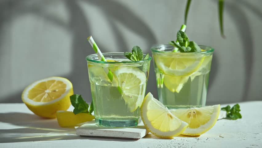 fresh green iced tea in glasses with ice and lemon on sunny white wooden table top in slow motion