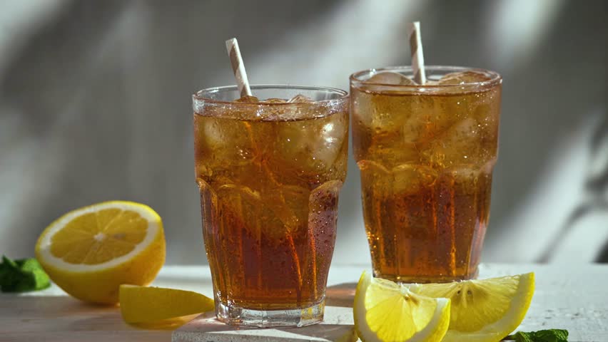 glasses with iced tea and lemon on sunny white wooden table top zoom out