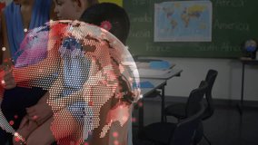 Teacher and children using tablet with digital globe animation overlay. Education, technology, learning, innovation, classroom, interactive - Powered by Shutterstock - Get 15% off with code: PIKWIZARD15