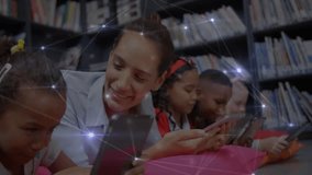 In school, children and teacher using tablets with animation of digital network. Education, technology, e-learning, innovation, classroom, connectivity - Powered by Shutterstock - Get 15% off with code: PIKWIZARD15