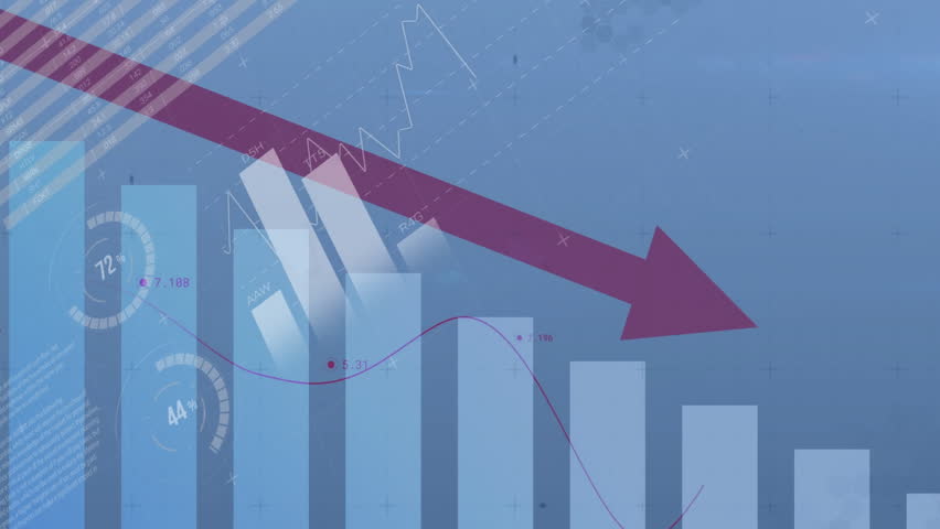 Animation of declining financial graph with red arrow over world map and bar chart. Finance, economy, decline, statistics, global, recession - Powered by Shutterstock - Get 15% off with code: PIKWIZARD15