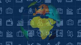 Animation of financial icons overlaying world map on blue grid background. Finance, global, economy, investment, technology, data visualization - Powered by Shutterstock - Get 15% off with code: PIKWIZARD15