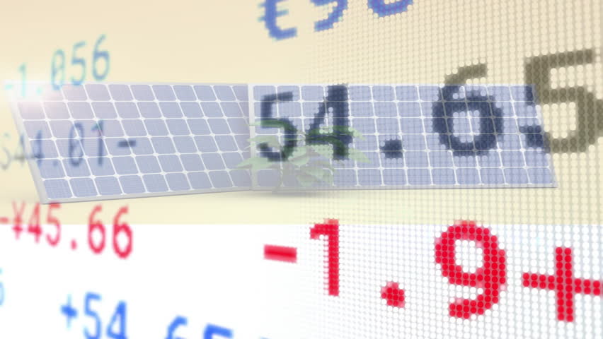 Overlaying animation of solar panel on fluctuating stock market and financial data. Sustainability, green energy, investment, economy, trends, technology - Powered by Shutterstock - Get 15% off with code: PIKWIZARD15