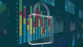 Digital lock animation over colorful bar graphs and numerical data. Technology, finance, security, analytics, innovation, protection - Powered by Shutterstock - Get 15% off with code: PIKWIZARD15