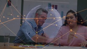 Discussing project with digital network overlay, diverse colleagues in office setting. Collaboration, teamwork, innovation, technology, networking, strategy - Powered by Shutterstock - Get 15% off with code: PIKWIZARD15