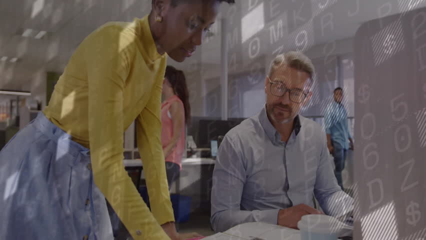 Business team collaborating at office with data processing animation overlay. Collaboration, teamwork, technology, innovation, data analysis, digital - Powered by Shutterstock - Get 15% off with code: PIKWIZARD15