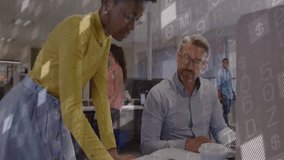 Business team collaborating at office with data processing animation overlay. Collaboration, teamwork, technology, innovation, data analysis, digital - Powered by Shutterstock - Get 15% off with code: PIKWIZARD15