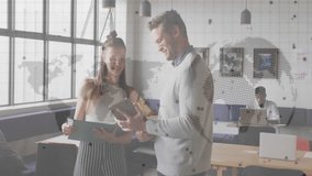 Discussing documents, business professionals with animated world map overlay in office. teamwork, collaboration, strategy, corporate, global, technology - Powered by Shutterstock - Get 15% off with code: PIKWIZARD15