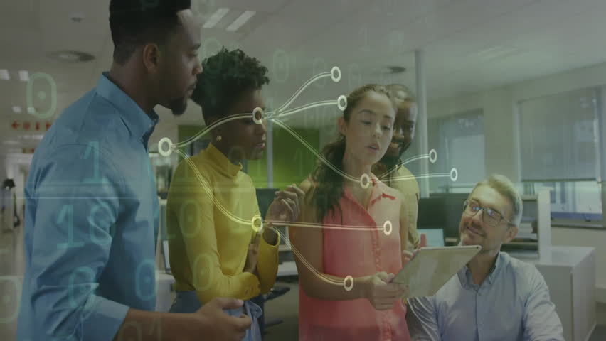 In office, diverse team collaborating with animation of digital network connections. Teamwork, collaboration, innovation, networking, diversity, technology - Powered by Shutterstock - Get 15% off with code: PIKWIZARD15