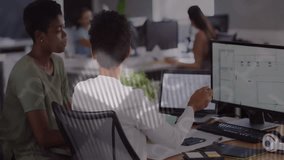 Diverse team working at office with data processing animation overlay. Teamwork, collaboration, diversity, innovation, technology, analytics - Powered by Shutterstock - Get 15% off with code: PIKWIZARD15