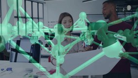 In office, diverse colleagues discussing project with green molecular structure overlay. Collaboration, teamwork, innovation, brainstorming, biotechnology, diversity - Powered by Shutterstock - Get 15% off with code: PIKWIZARD15