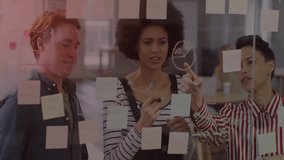 Diverse team brainstorming with circuit board animation overlaying sticky notes. Teamwork, innovation, collaboration, technology, development, creativity - Powered by Shutterstock - Get 15% off with code: PIKWIZARD15