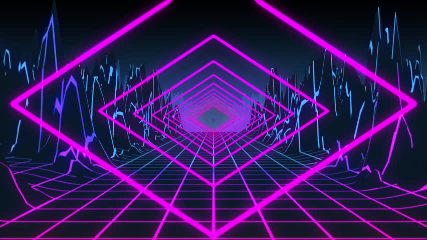 Tunnel of pink neon squares moving on a grid landscape in a seamless loop. Retro synthwave vj loop. Good for music projects.