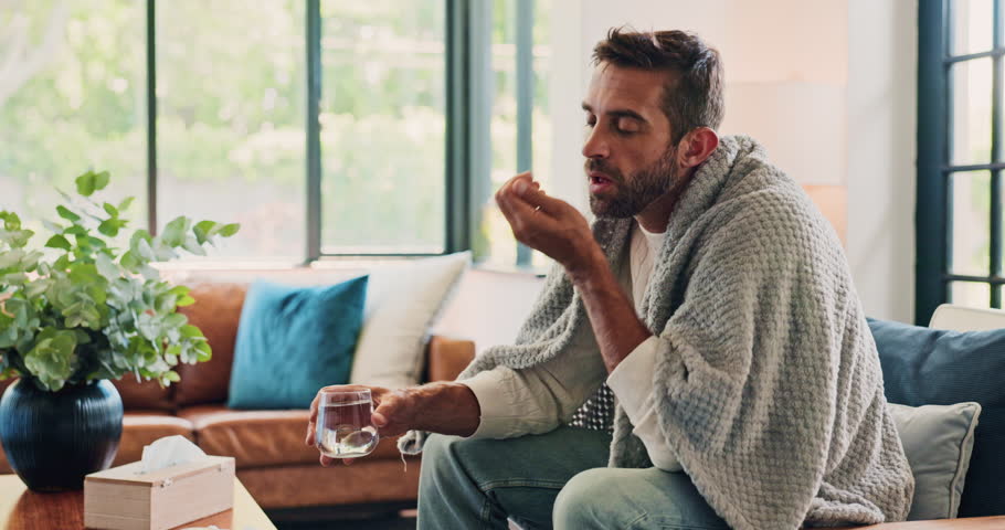 Man, blanket and drinking pills in home, sick and medication treatment for hayfever allergies. Couch, recovery prescription and water for antibiotics in living room, supplements and remedy illness
