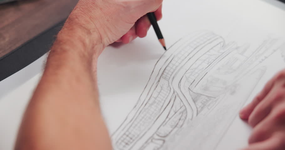 Hands, architect and sketch with building design, lines and creativity for editing process at company. Person, engineer and paper with writing, drawing and pencil for project management at agency