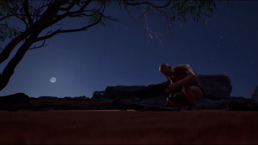 Ancient man made fire, the history of the evolution of the human mind, concept. A savage in the desert at night, makes fire by hitting flints of stones against each other. 3D Illustration