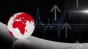 Animation of red globe with financial graphs and upward arrows on dark background. Finance, economy, global, growth, investment, analytics - Powered by Shutterstock - Get 15% off with code: PIKWIZARD15