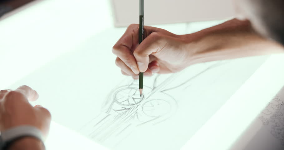 Drawing, sketch and hands with design for car, vehicle and automobile prototype at night in studio. Creative designer, artist and person with blueprint, ideas or illustration for automotive structure