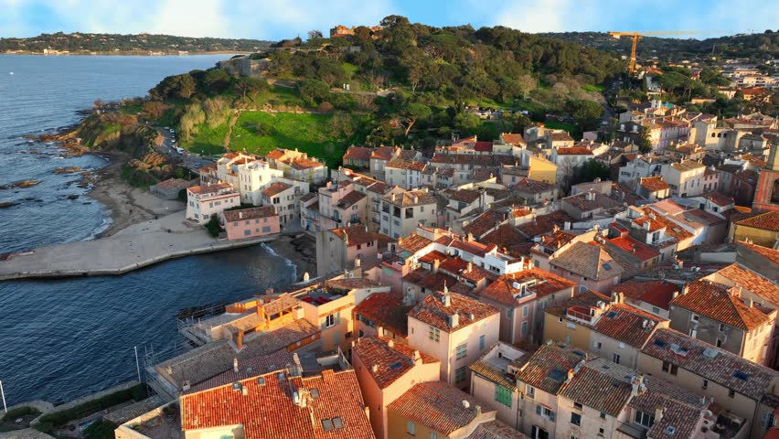 drone shot of Saint Tropez in French Riviera, travel in Cote d Azur, Saint Tropez is a luxury resort in France. High quality 4k footage