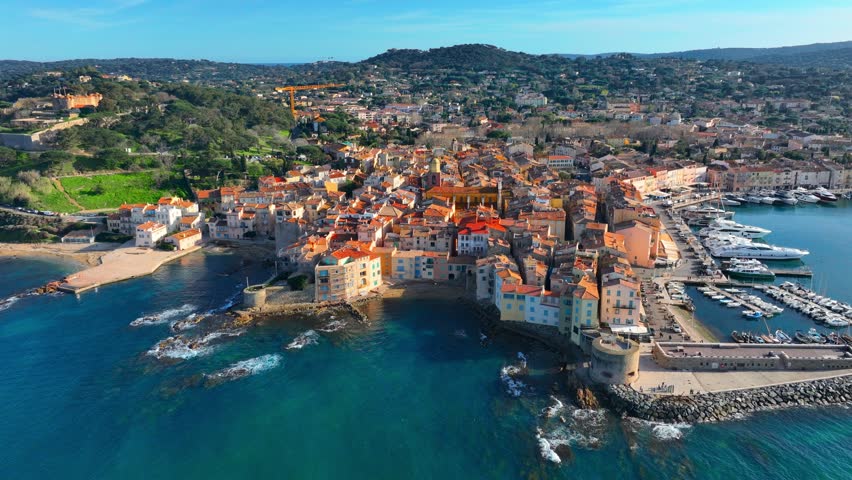 flying above Saint Tropez village in French Riviera, travel in Cote d Azur, drone shot of Saint Tropez is a luxury resort in France. High quality 4k footage