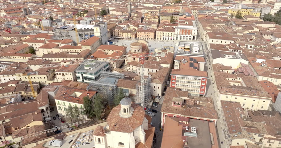 Aerial view of the Piazza del Duomo, also known as Piazza del Mercato. It is the largest and most important square in the historic center of L