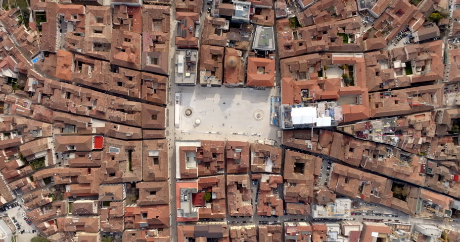Perpendicular aerial view of the Piazza del Duomo, also known as Piazza del Mercato. It is the largest and most important square in the historic center of L