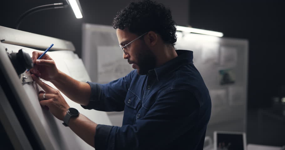 Architect, night and man drawing on paper for engineering design, blueprints and planning for urban project. Town planner, creative process and person in dark with inspiration, layout and sketching