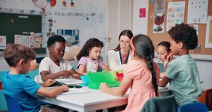 Studying, students and education with teacher in classroom for future, lesson and youth. Learning, academy and knowledge with group of kids at school for child development, helping and growth - Powered by Shutterstock - Get 15% off with code: PIKWIZARD15