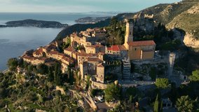 drone shot of French Riviera village of Eze, Mediterranean coast in the south of France, historic Eze village in Cote d Azur. High quality 4k footage - Powered by Shutterstock - Get 15% off with code: PIKWIZARD15