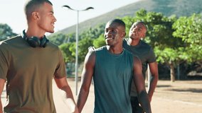 Friends, runners or men laughing in park for fitness training, outdoor workout and sports exercise. Smile, healthy people or happy male athletes with hug, joke or support for running, jog or race - Powered by Shutterstock - Get 15% off with code: PIKWIZARD15