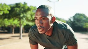 Breathe, break and black man with fitness in nature for sports, exercise and training for marathon. African athlete, tired and exhausted from workout with sweat, run fatigue and cardio in park - Powered by Shutterstock - Get 15% off with code: PIKWIZARD15