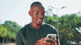 Black man, phone and fitness at park, texting and smile for speed, challenge and monitor progress in summer. African person, smartphone and check mobile app for stats, steps and workout in Kenya - Powered by Shutterstock - Get 15% off with code: PIKWIZARD15